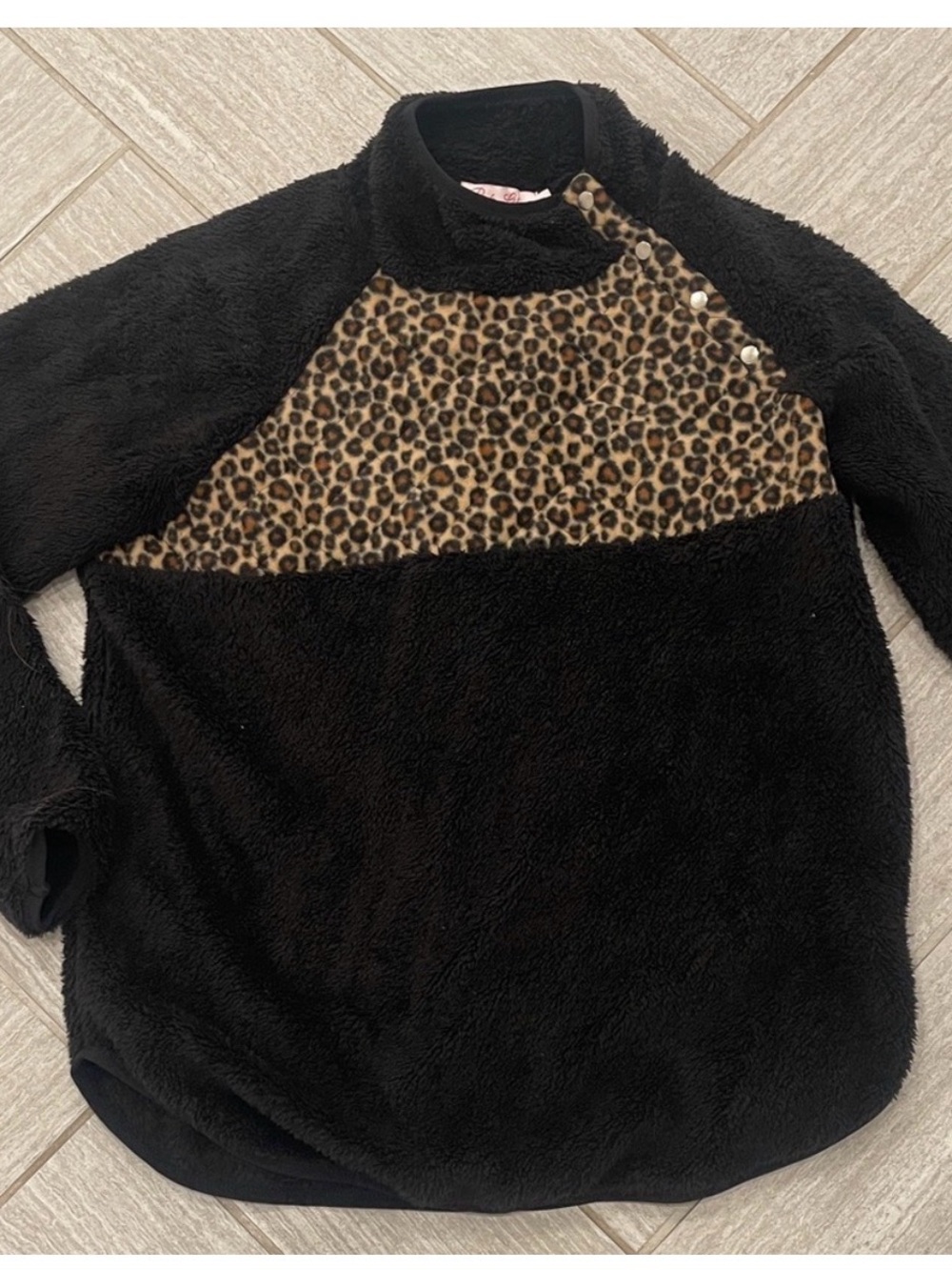 Pink Lily Black Sherpa Pullover with Leopard Yoke